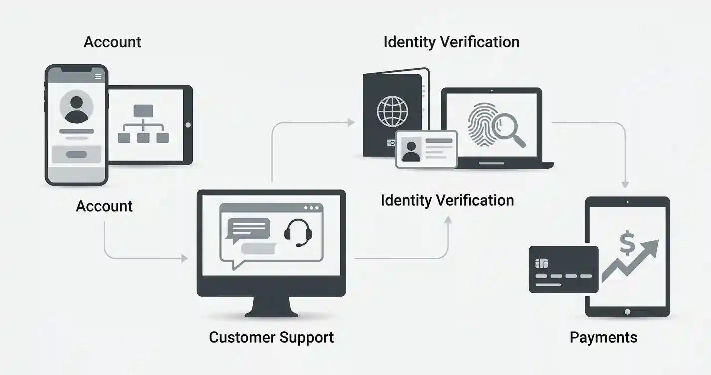 Neutral diagram of an online account, support, verification and payment stages