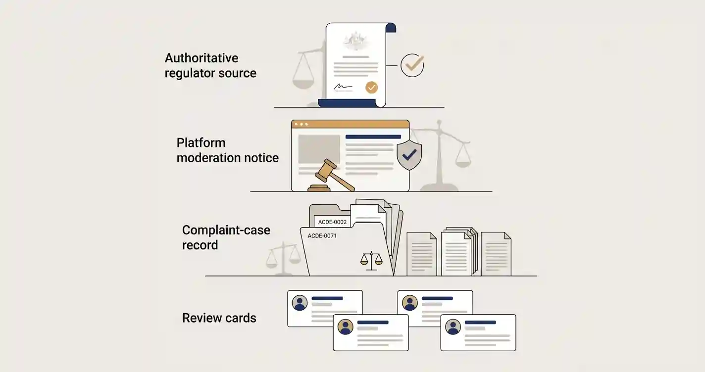 Editorial evidence hierarchy for reviews, complaints and regulator sources