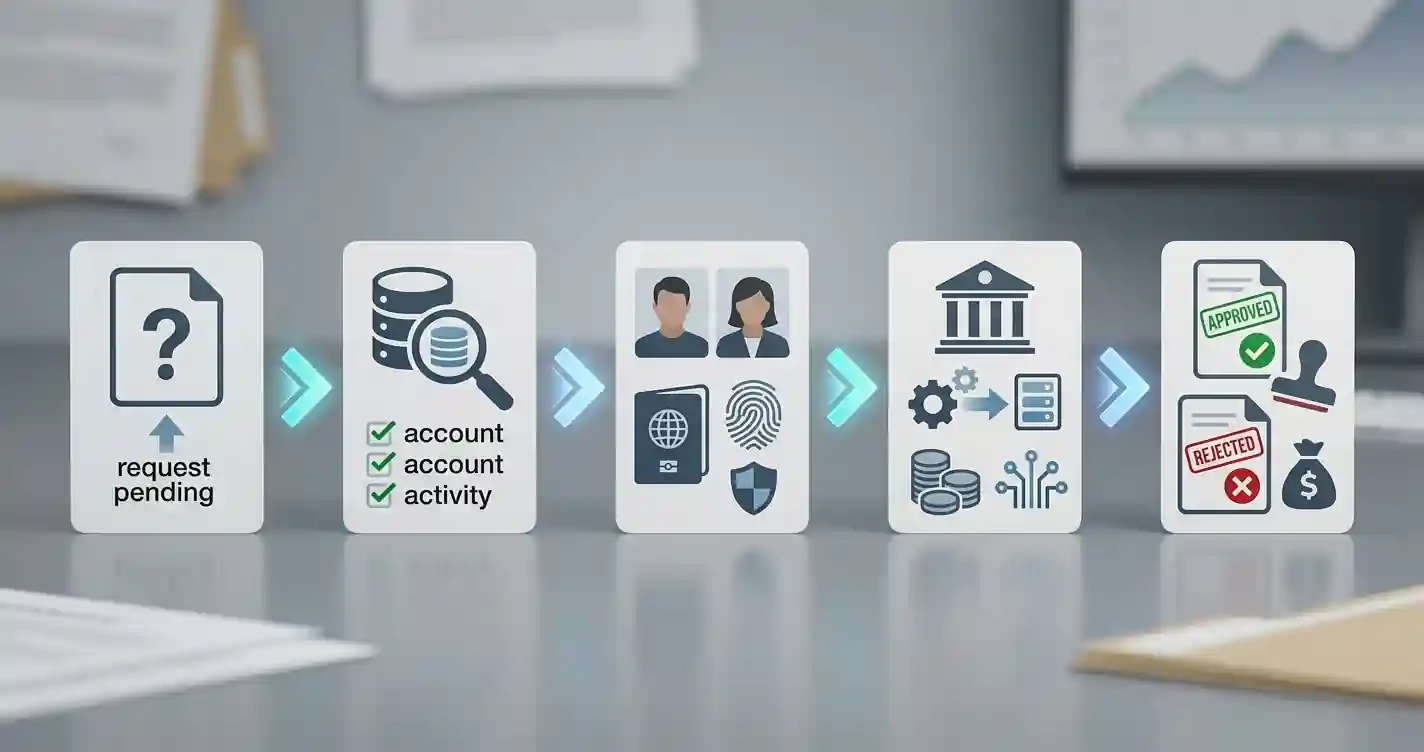 Neutral withdrawal review flow showing request, eligibility checks, identity verification, processing and outcome
