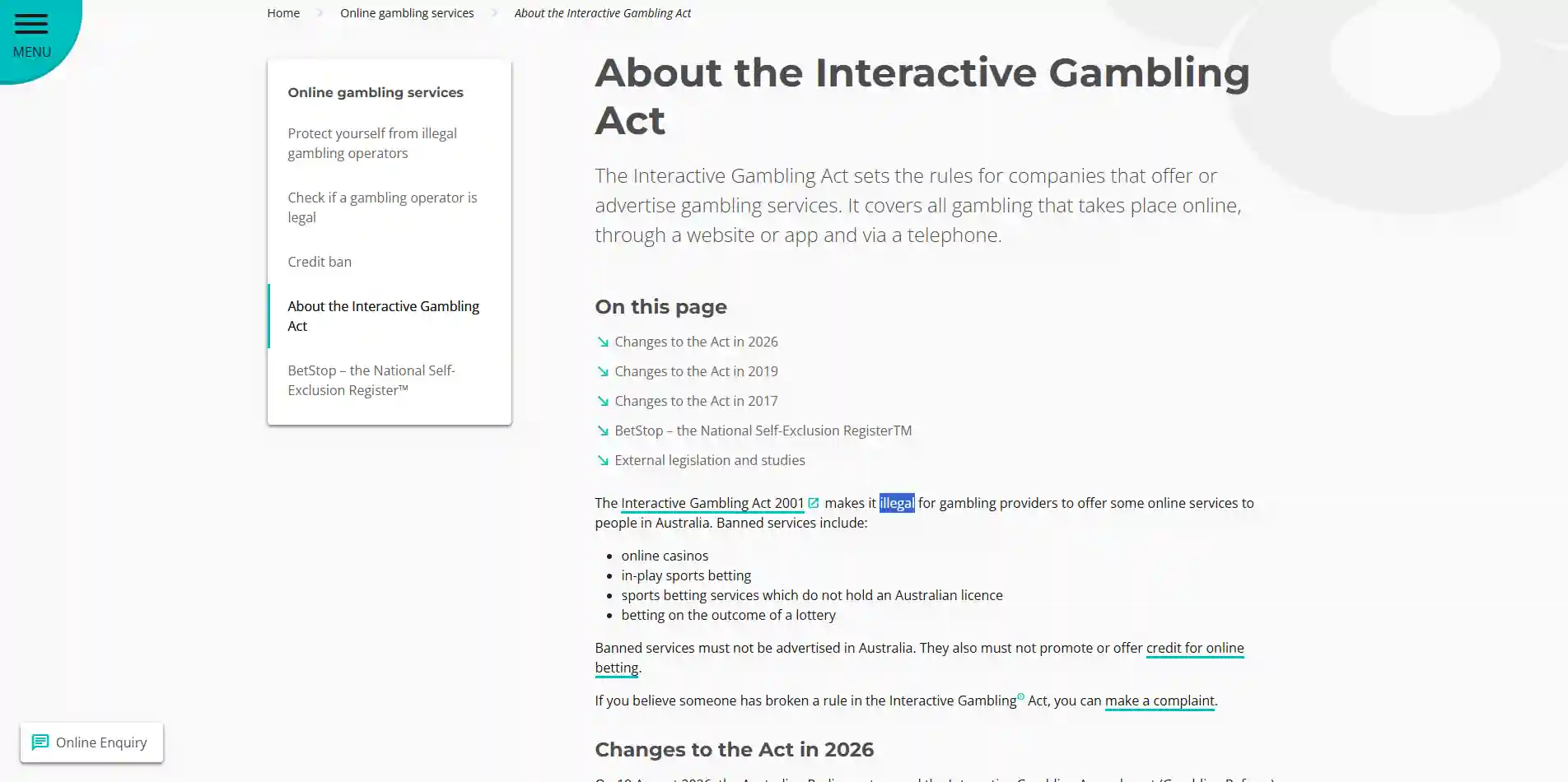 ACMA Interactive Gambling Act page showing online casinos among banned services