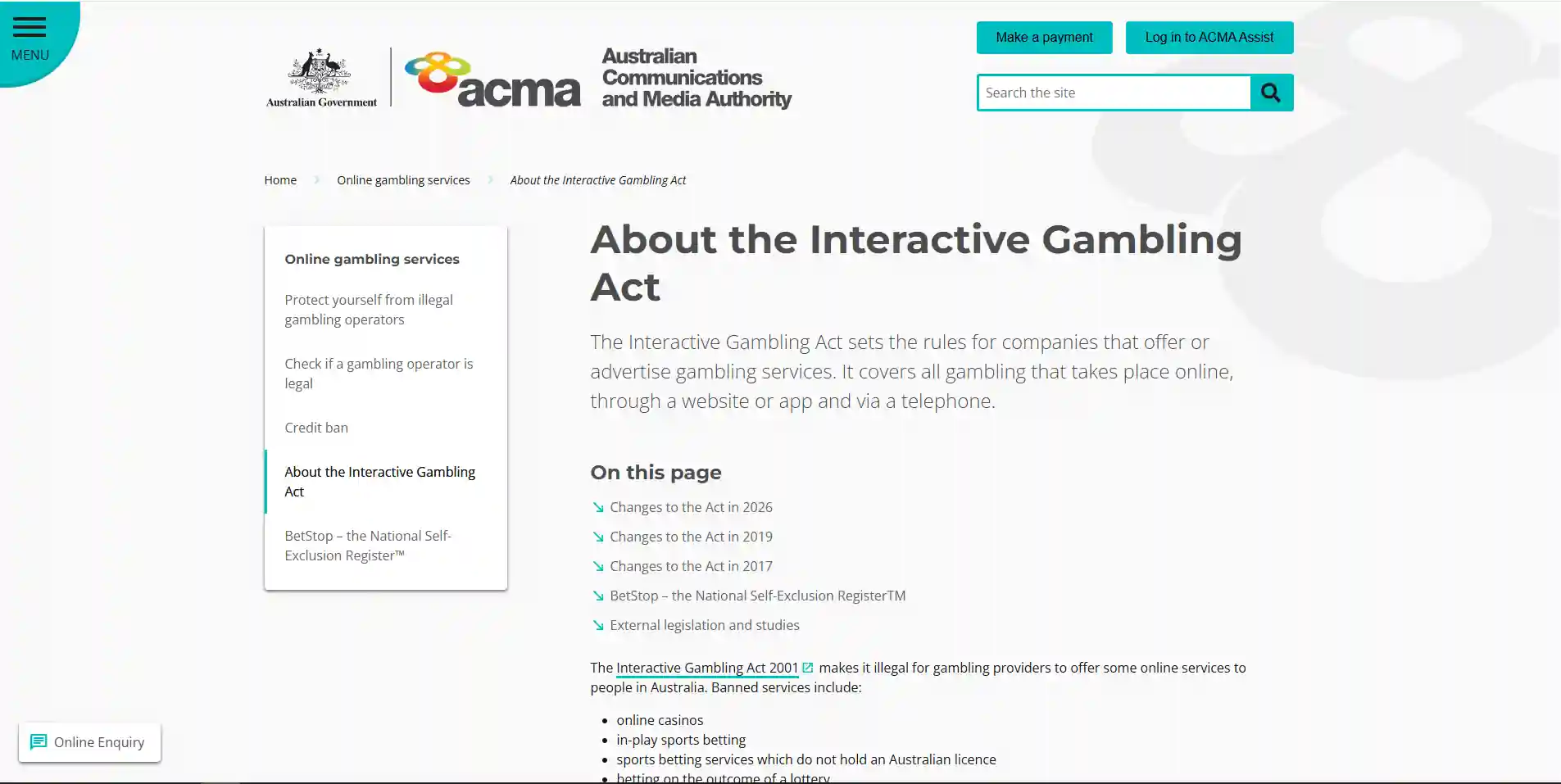 ACMA Interactive Gambling Act guidance about online casino provider restrictions